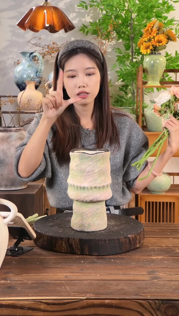 【苔点绿-褶皱花瓶】ins北欧风陶瓷无孔创意素雅民宿软装叠杯花瓶