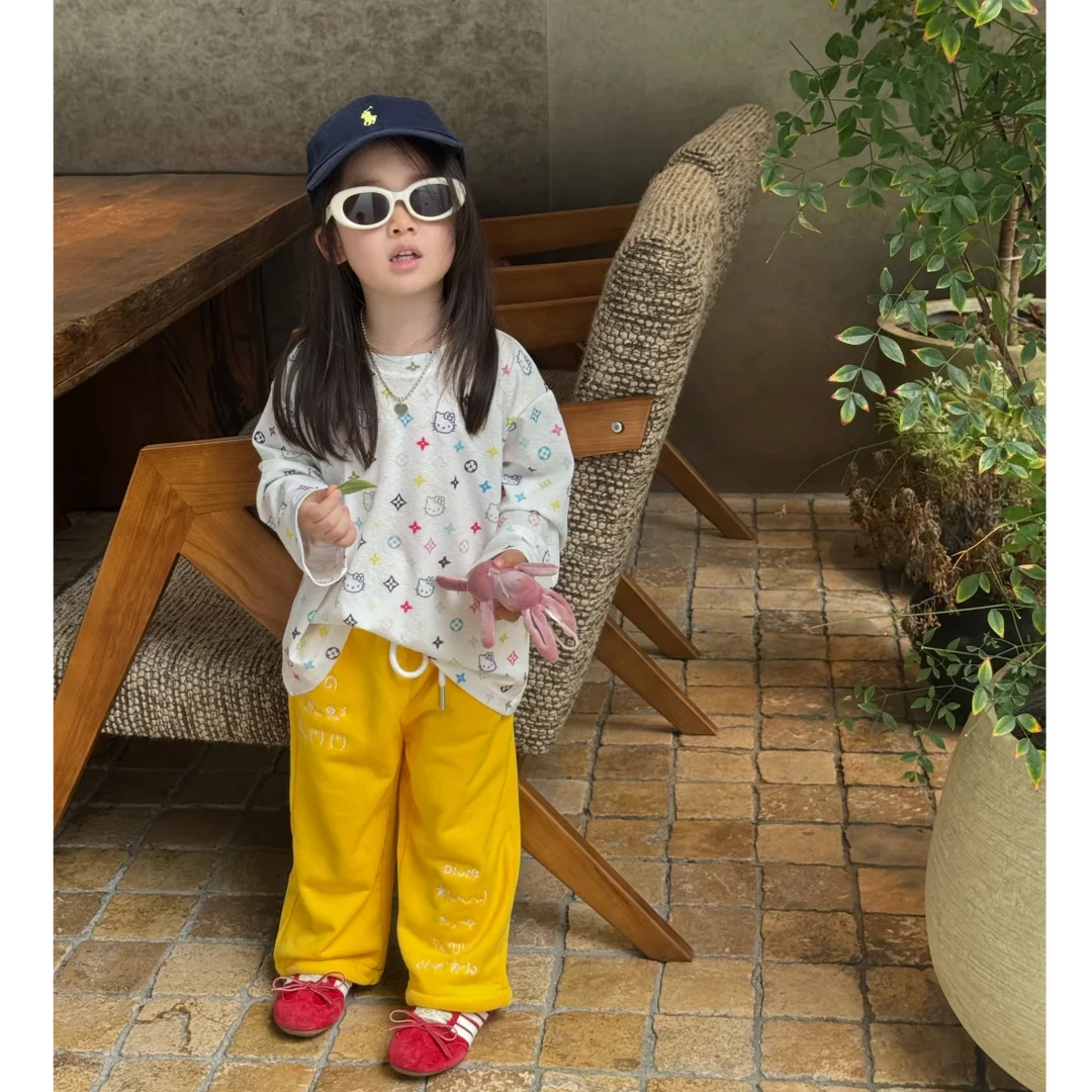 壹妈童装女童秋季套装超好看新款洋气女宝长袖印花上衣黄色卫裤