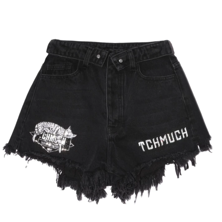 TCH潮牌猫猫爱心烫钻时尚潮流百搭个性毛边黑色短裤T66B218103