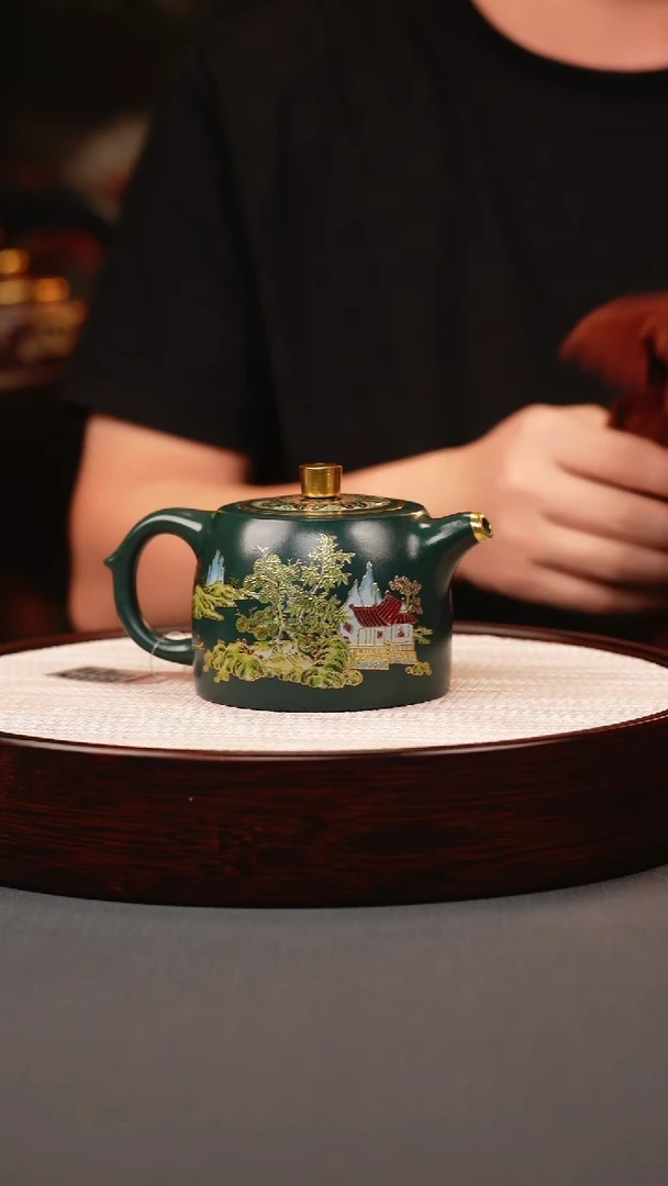 茶壶紫砂绿泥珐琅彩山水井栏