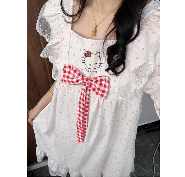 【R714】夏季清凉一夏波点K小猫小飞袖睡裙+胸垫