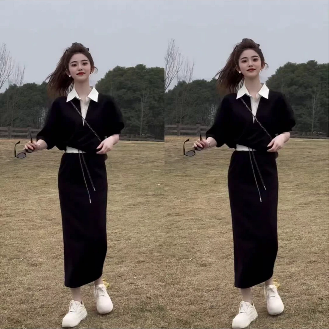 （留学日记）2025时尚洋气显瘦拼色领设计休闲学院风简约卫衣套装裙