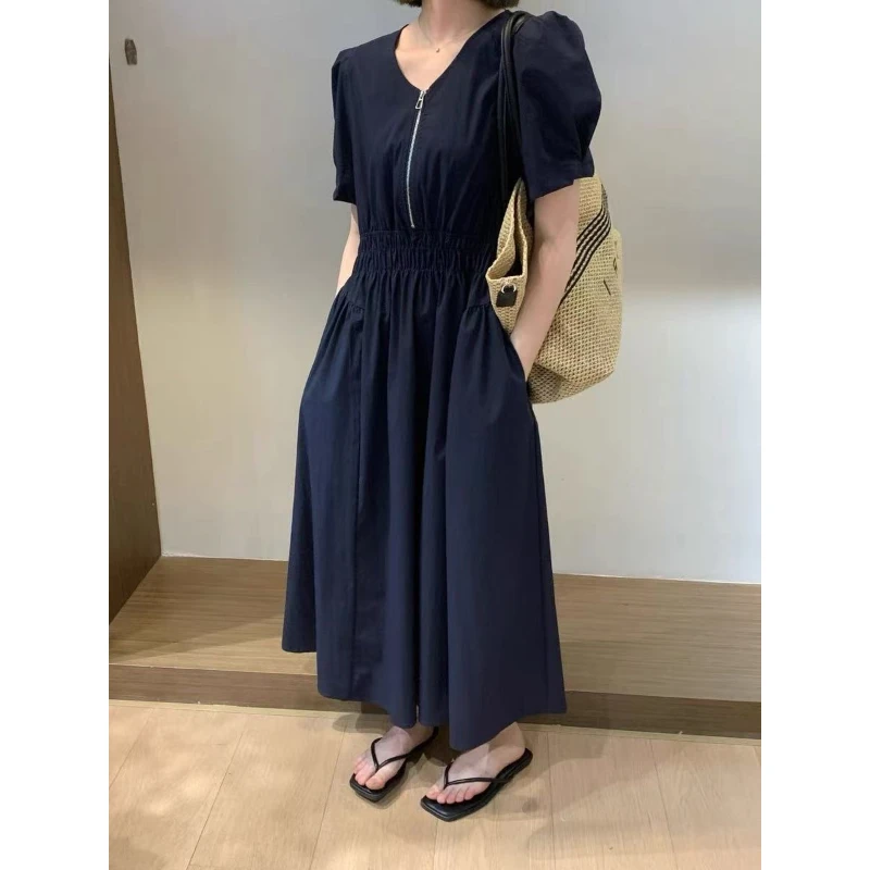 D17671-V领收腰A字连衣裙女流行爆款法式超好看显瘦长裙