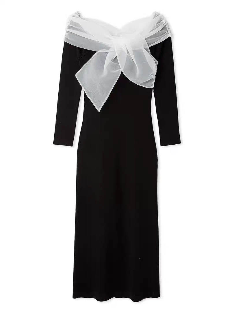 【新品】莱赛尔＋桑蚕丝~纯元F家 25春夏 系带网纱拼接针织连衣裙