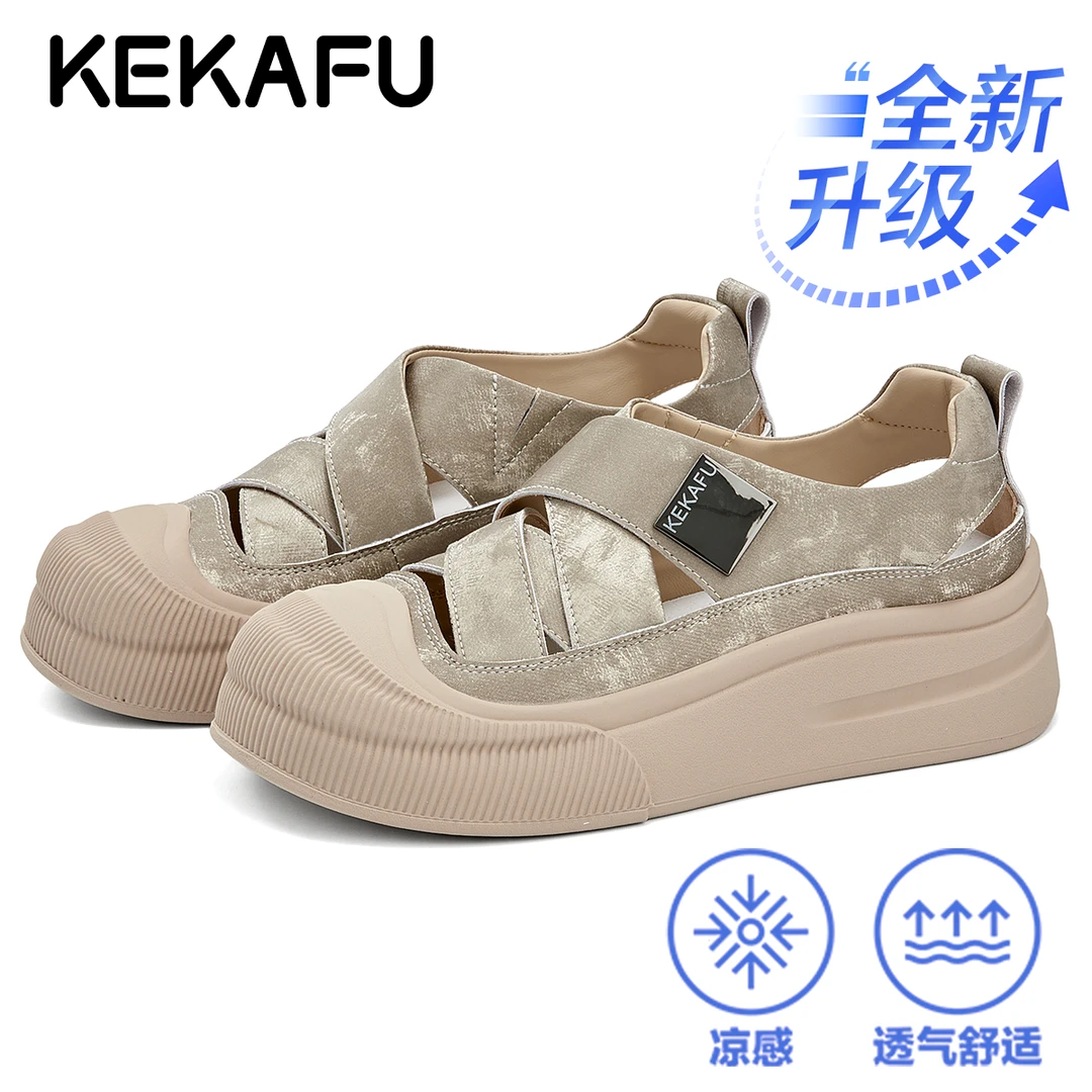 珂卡芙真皮厚底松糕包头凉鞋女2025夏季新款韩版镂空透气罗马凉鞋