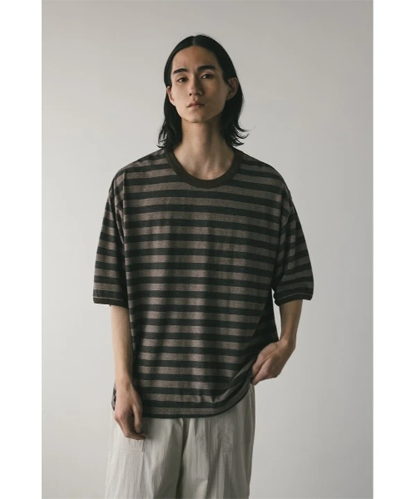 c202小松本重磅双纱线轻奢极简条纹阔版男士圆领短袖T 短袖T恤