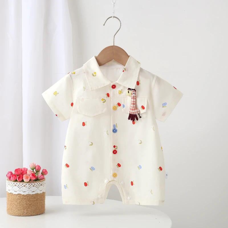 新生儿夏季连体衣男女宝宝洋气韩版爬服哈衣帅气翻领外出服