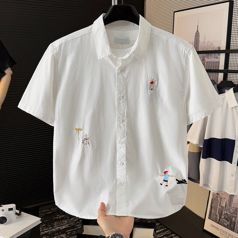 男士短袖白衬衫夏季薄款夏季休闲简约文艺卡通刺绣潮流纯棉衬衣潮