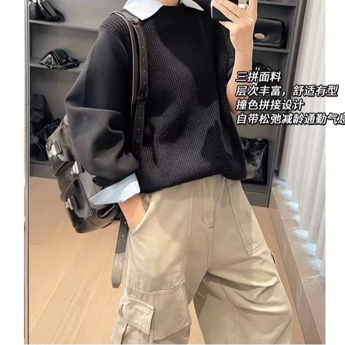 蓝领毛衣 针织拼接卫衣_撞色假两件衬衫领长袖上衣