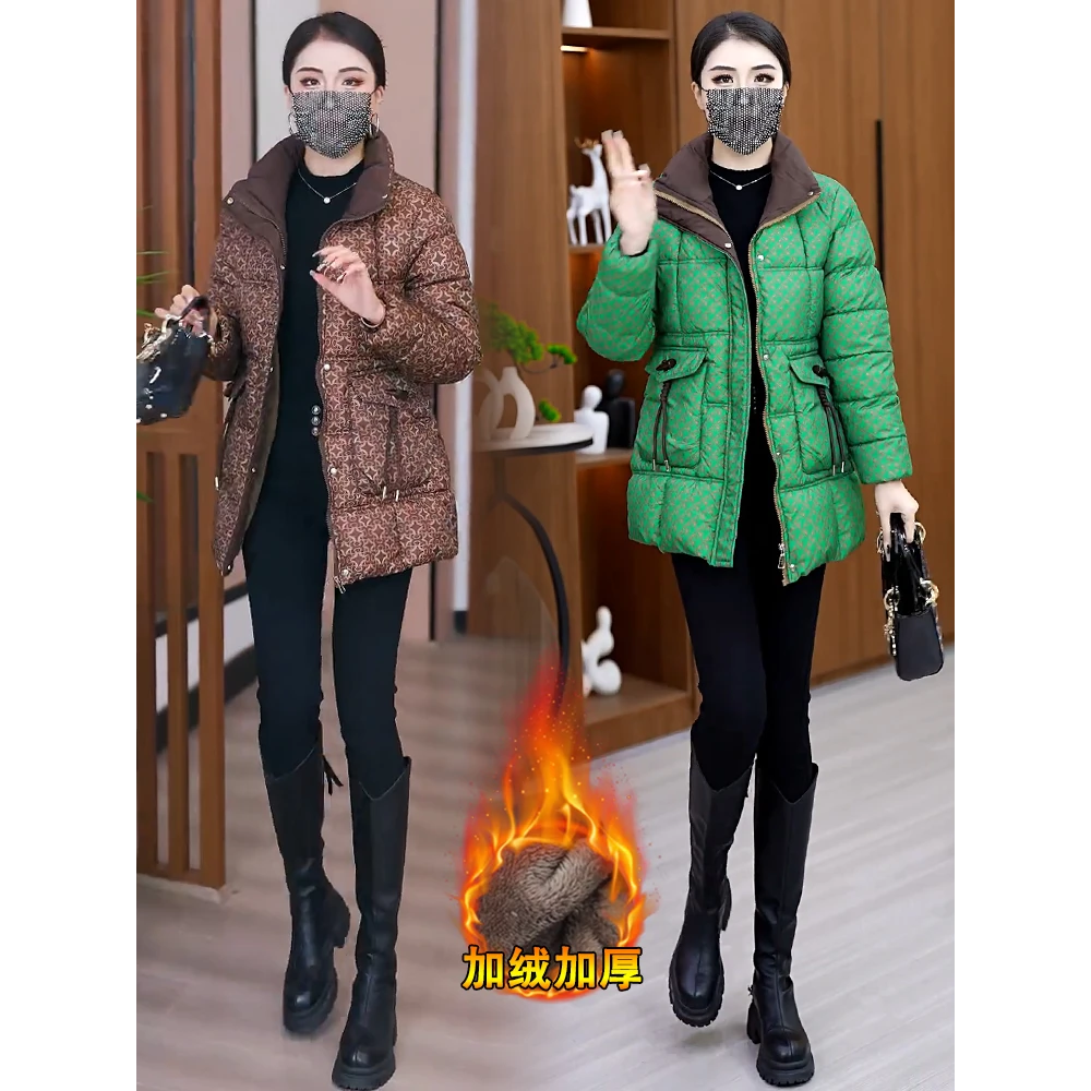 加绒加厚棉服女2025冬季新款时尚气质洋气修身显瘦中长格子棉衣