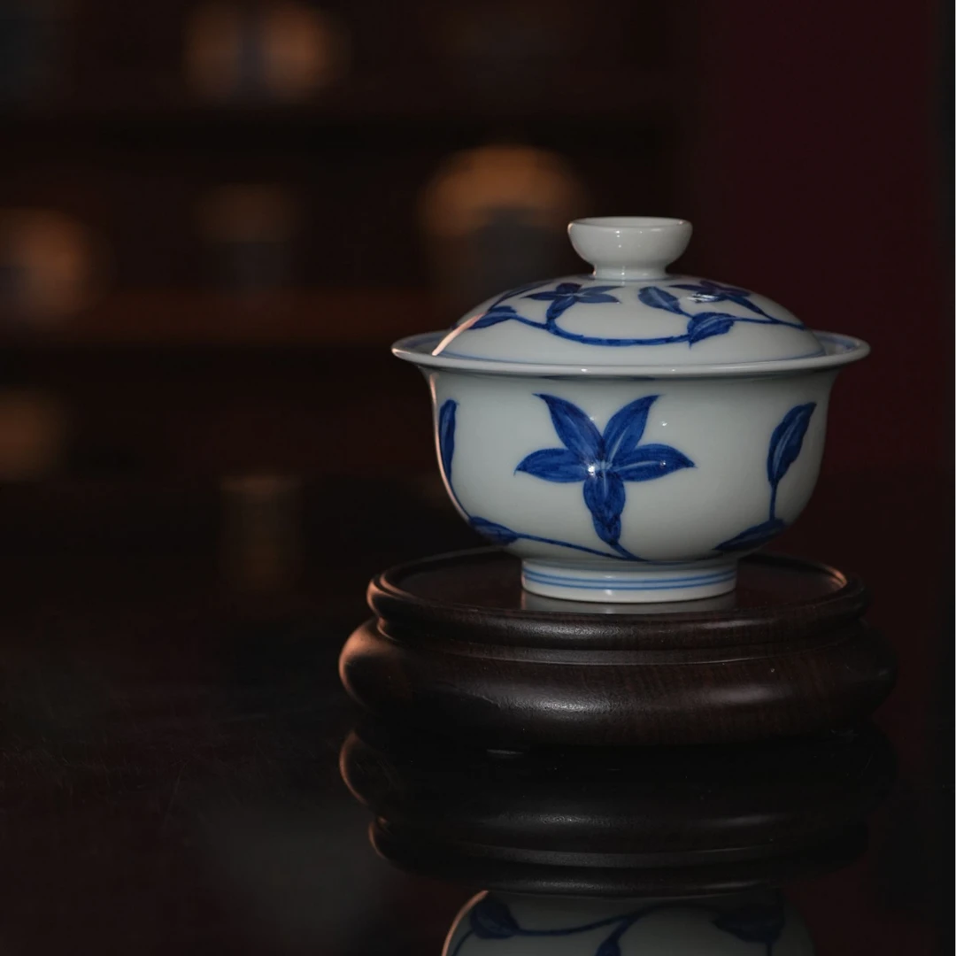 小古珍藏-景德镇全手工手绘茶具盖碗杯栀子花纹饰