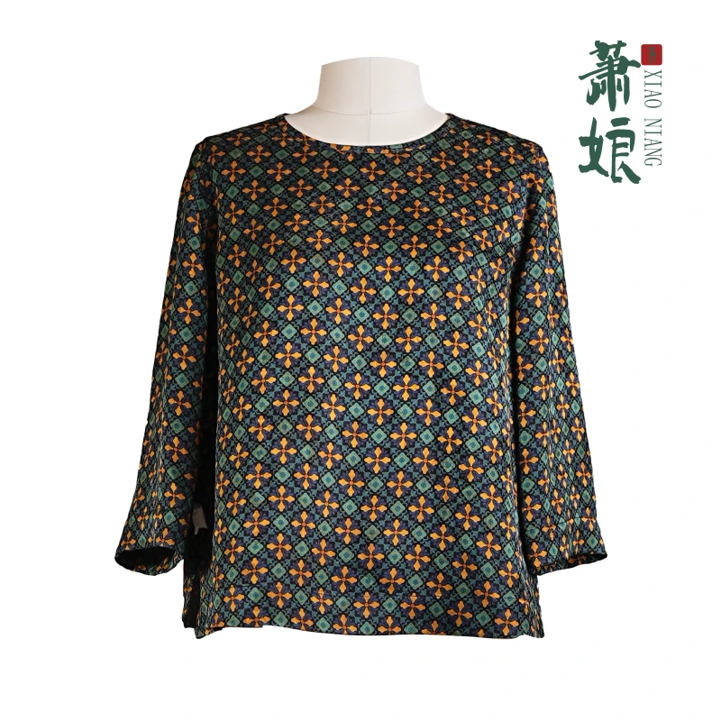 【宝华】红云纱圆领女上衣新中式宽松桑蚕丝国风长袖1820