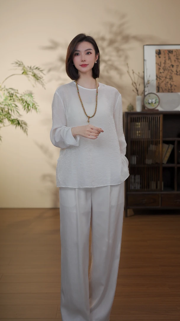 GONG QUE【雾时】新中式早春款圆领百搭长袖上衣 242817