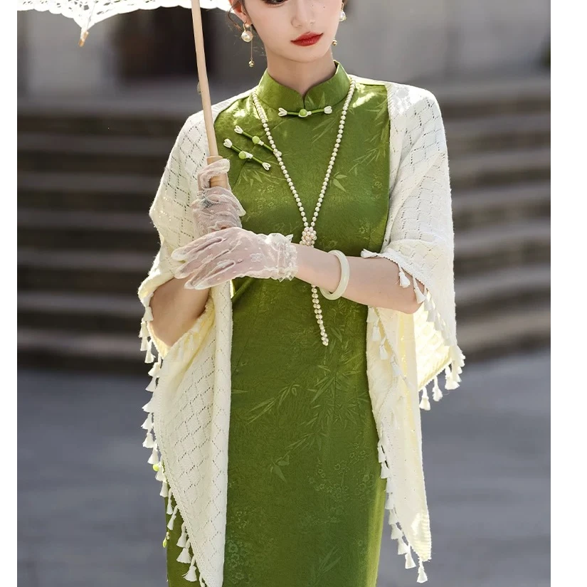 087清新素雅流苏披肩中国风针织开衫气质披肩