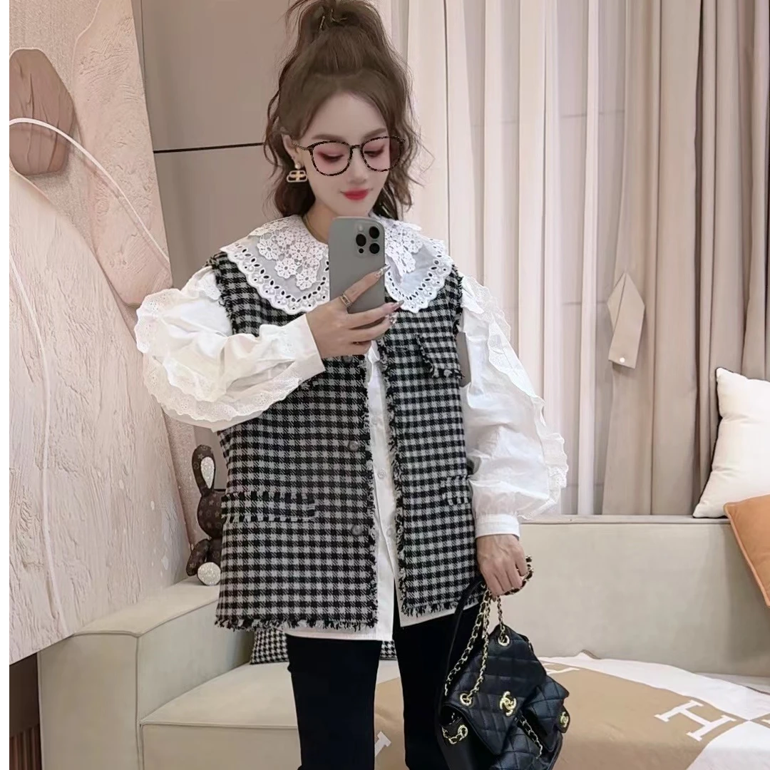 秋季小香风编织马夹女韩版休闲百搭格子马甲短外套