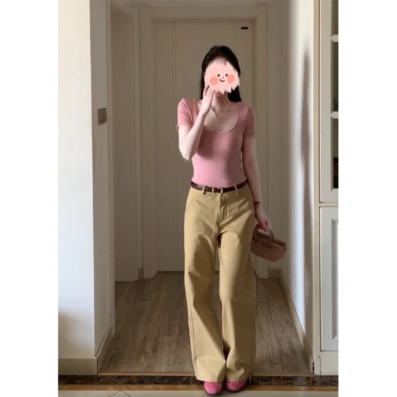 2025夏季新款女方领正肩显瘦百搭小众性感上衣T恤休闲直筒休闲裤