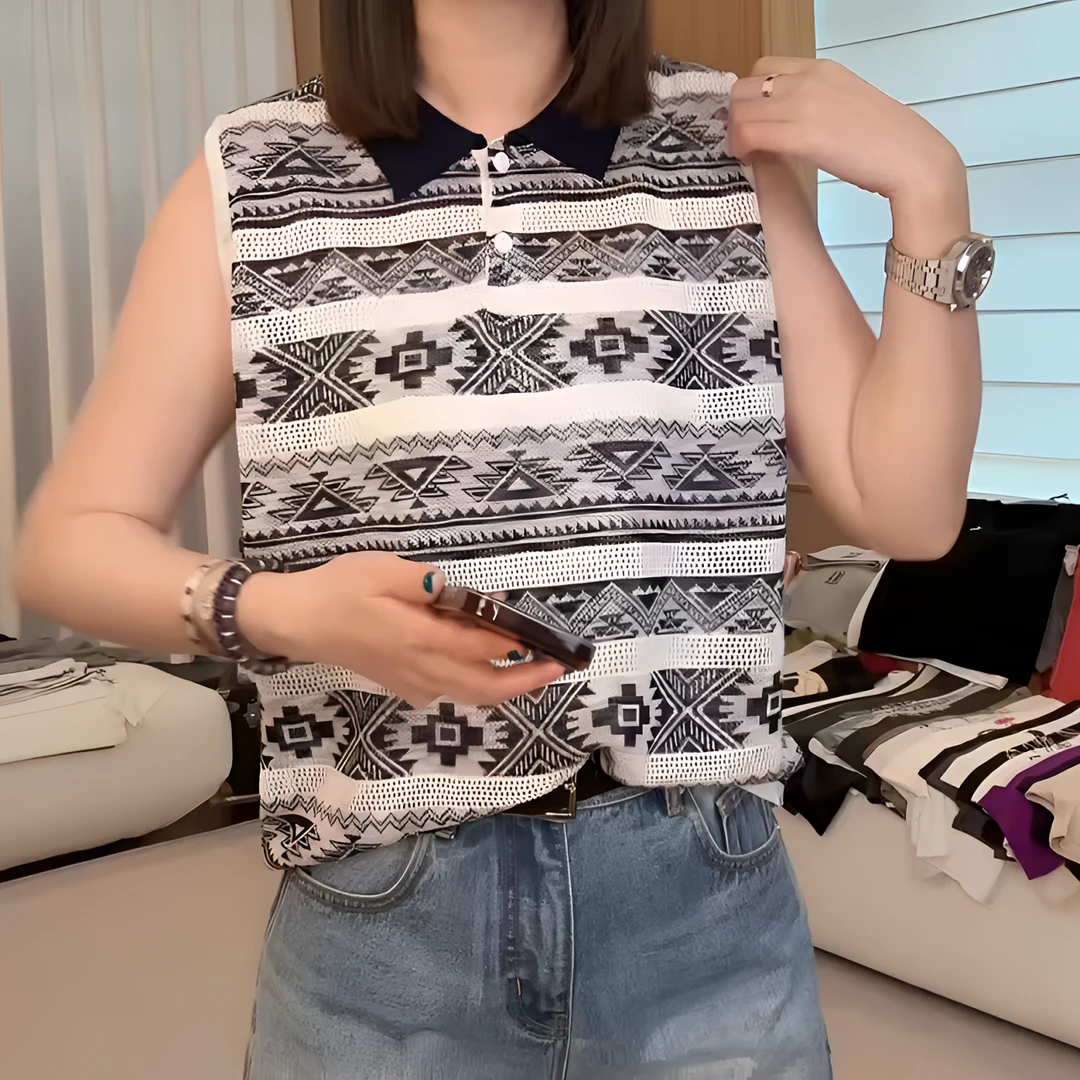 【优品小铺】夏季polo领无袖提花针织薄款背心