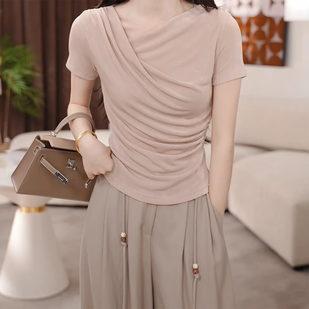 【法式慵懒】斜领褶皱短袖T恤女2025夏季新款百搭修身显瘦上衣