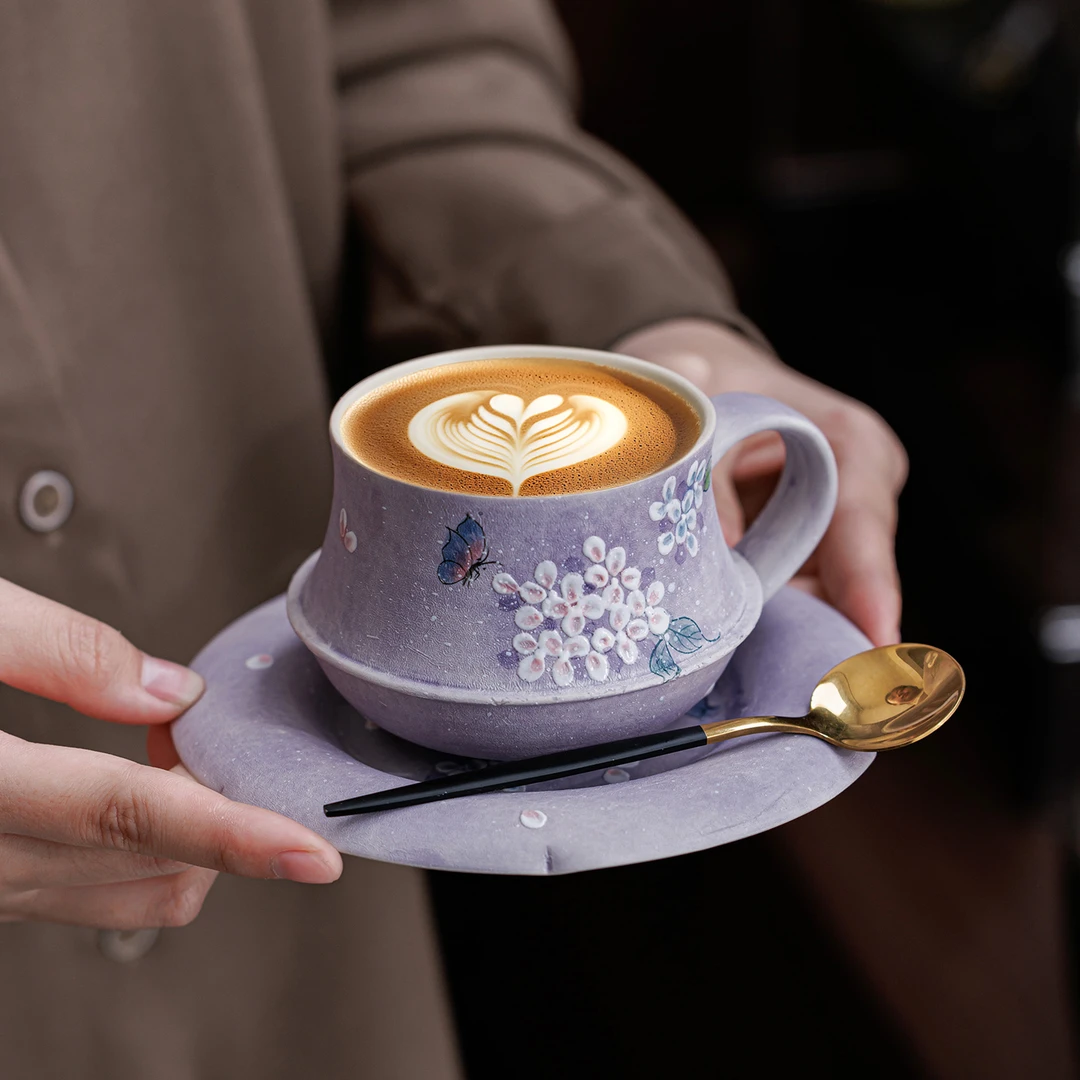 颜瓷手绘创意紫间蝶舞绣球花陶瓷咖啡杯茶具高档家用个人专用茶杯