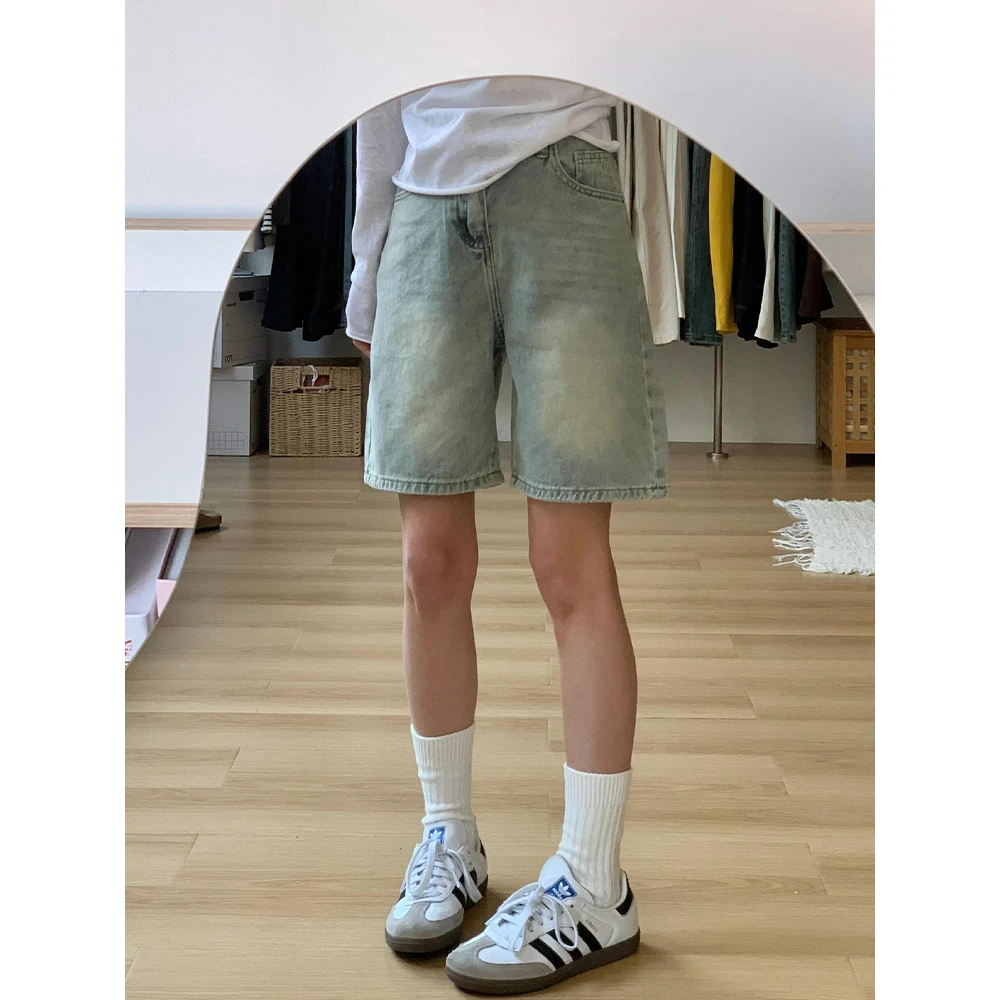 水洗做旧五分牛仔短裤女春夏新款高腰宽松阔腿显瘦百搭直筒中裤子