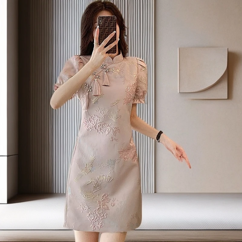 2025小个子高级感显瘦收腰中长款礼服女士遮肉修身国风复古刺绣
