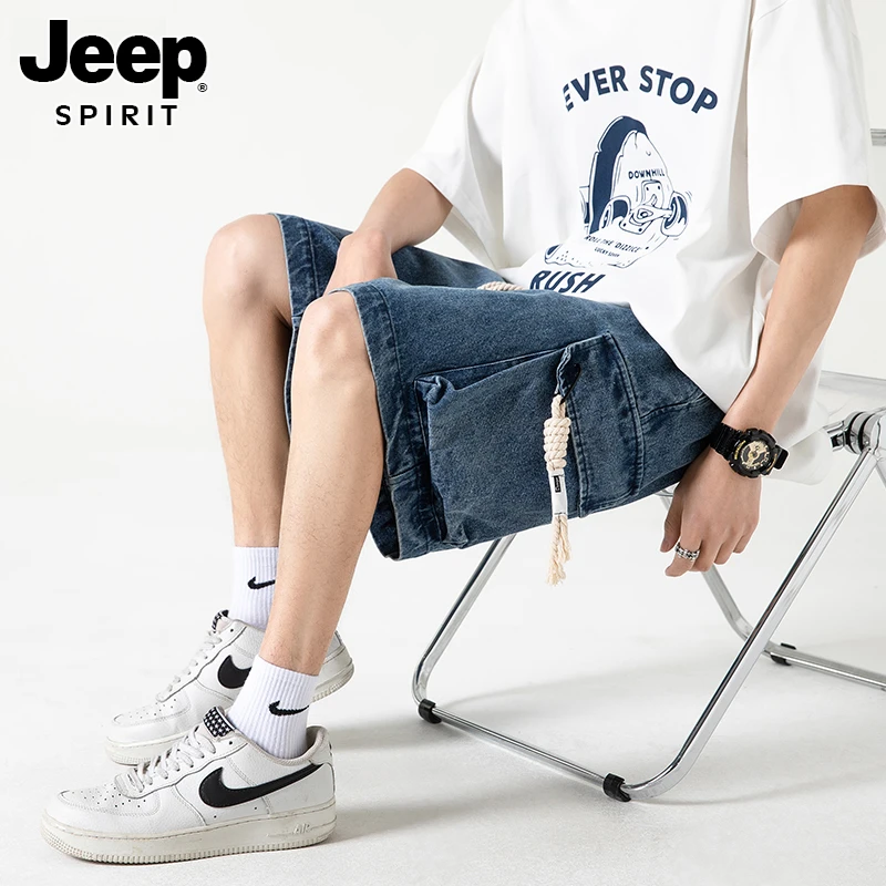 JEEPSPIRIT男装日系工装牛仔短裤男潮牌美式复古过膝绑带夏多口袋