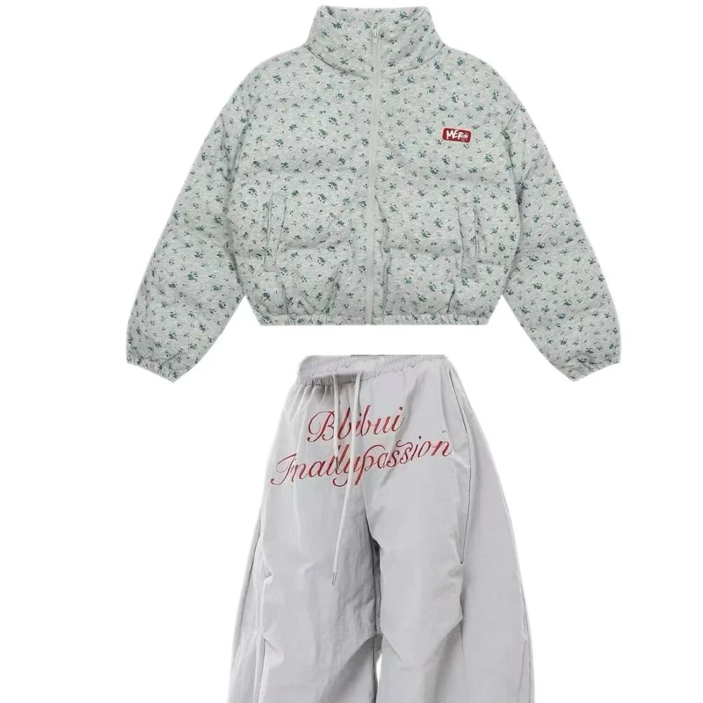 美式甜美小碎花满印羽绒棉服女冬季外套2024 宽松加厚棉衣套装