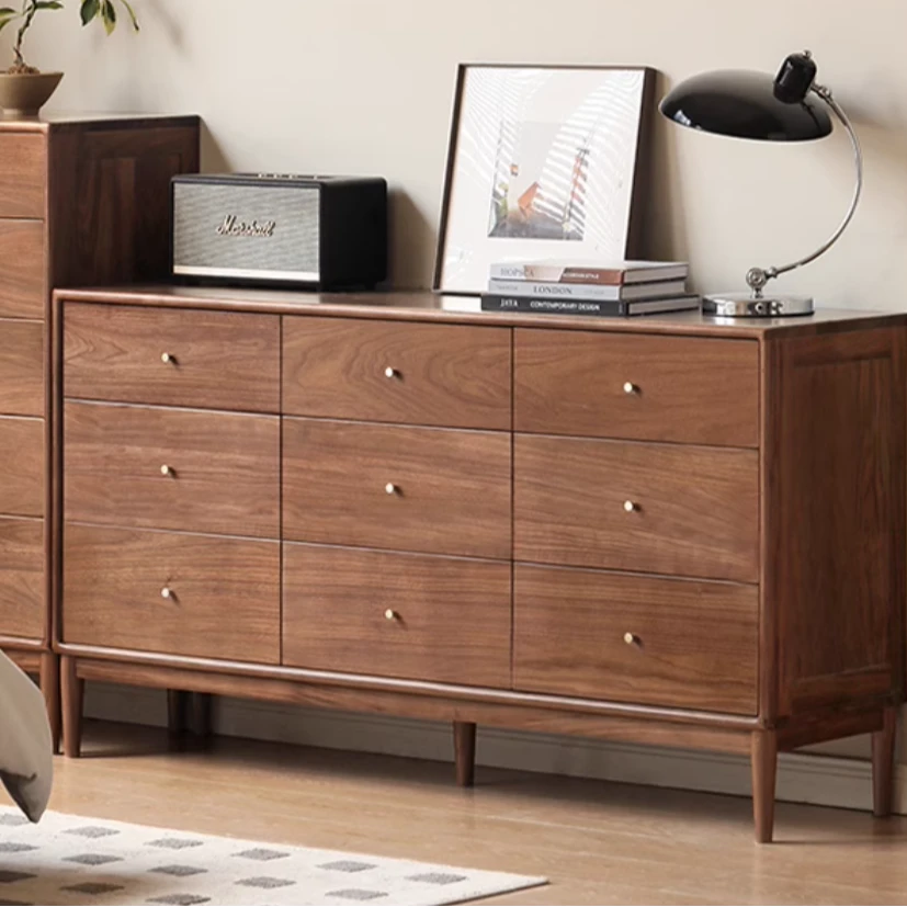 实木九斗柜现代玄关柜北美黑胡桃木卧室储物柜北欧抽屉床边柜子