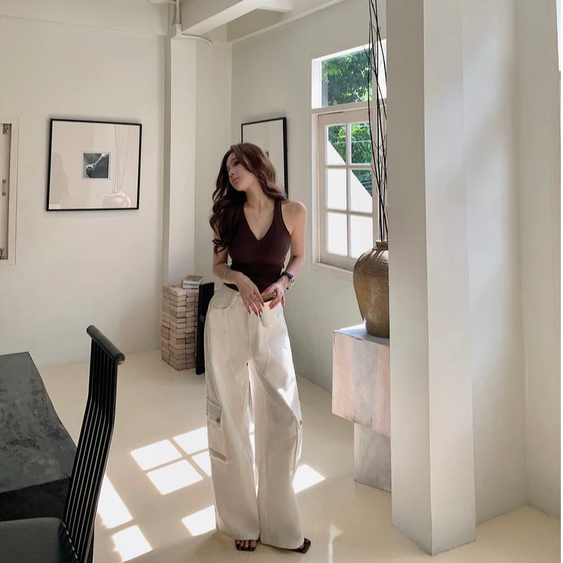 韩系辣妹小吊带背心上衣女2025夏季慵懒风显瘦阔腿休闲工装裤套装