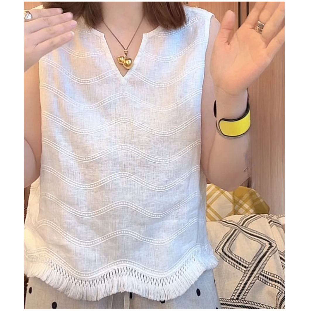 设计感V领无袖背心下摆拼接流苏女2025夏季新款设计气质休闲上衣