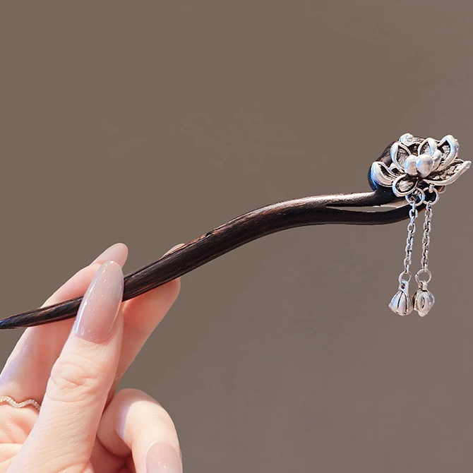 步步生莲~古风银色莲花流苏发簪女现代简约中式檀木簪子旗袍配饰