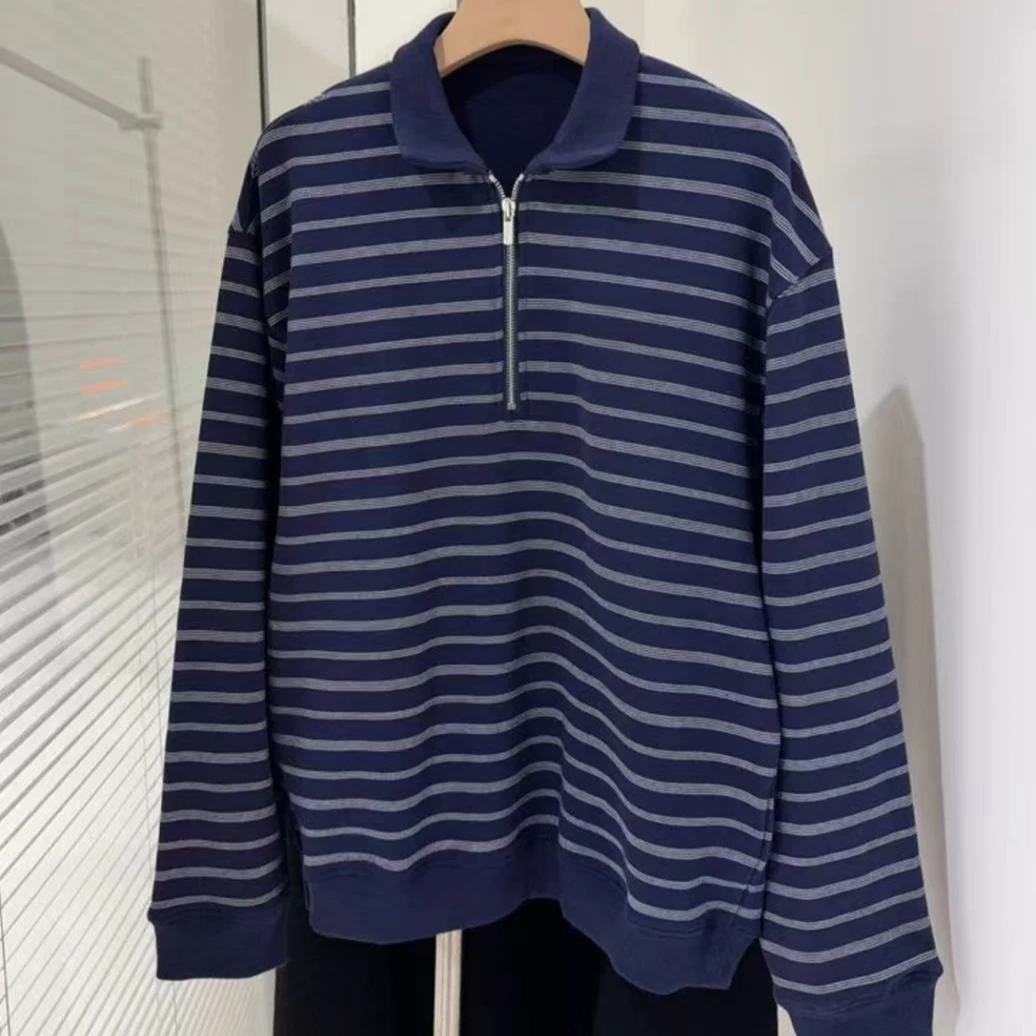 蓝色条纹翻领女卫衣 BB069