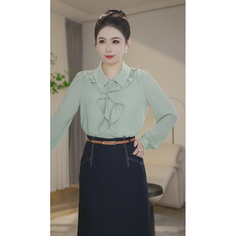 【曼曼甄选】欧若风豆荚绿衬衫女长袖2025年新款法式衬衣8591319