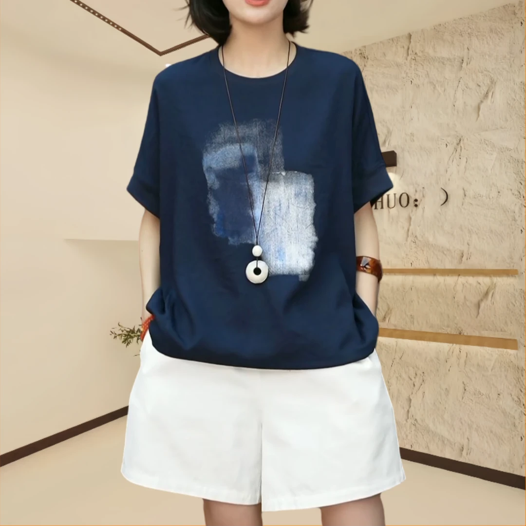 夏季宽松圆领印花五分袖T恤女2025休闲百搭薄款透气洋气衣服女