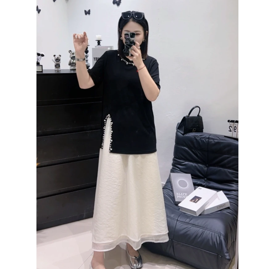 2025大码新款夏季洋气轻奢小众宽松显瘦胖MM钉珠开叉上衣+半身裙