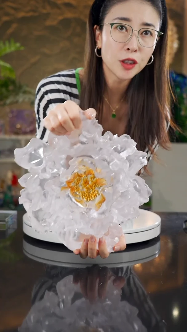 琉璃净色牡丹花摆件带水晶底座