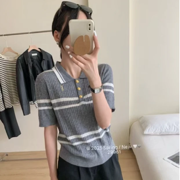 2025春夏韩系简约翻领针织POLO衫减龄百搭T恤女
