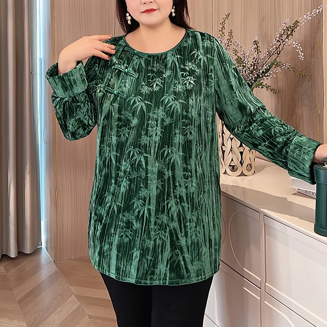 【衬衫】MsShe大码女装春装新中式撞色盘扣卷袖丝绒长款B2312063