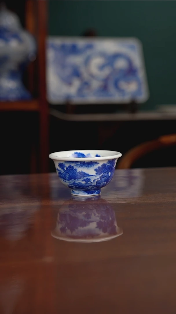 晓月柴窑 山水压手杯