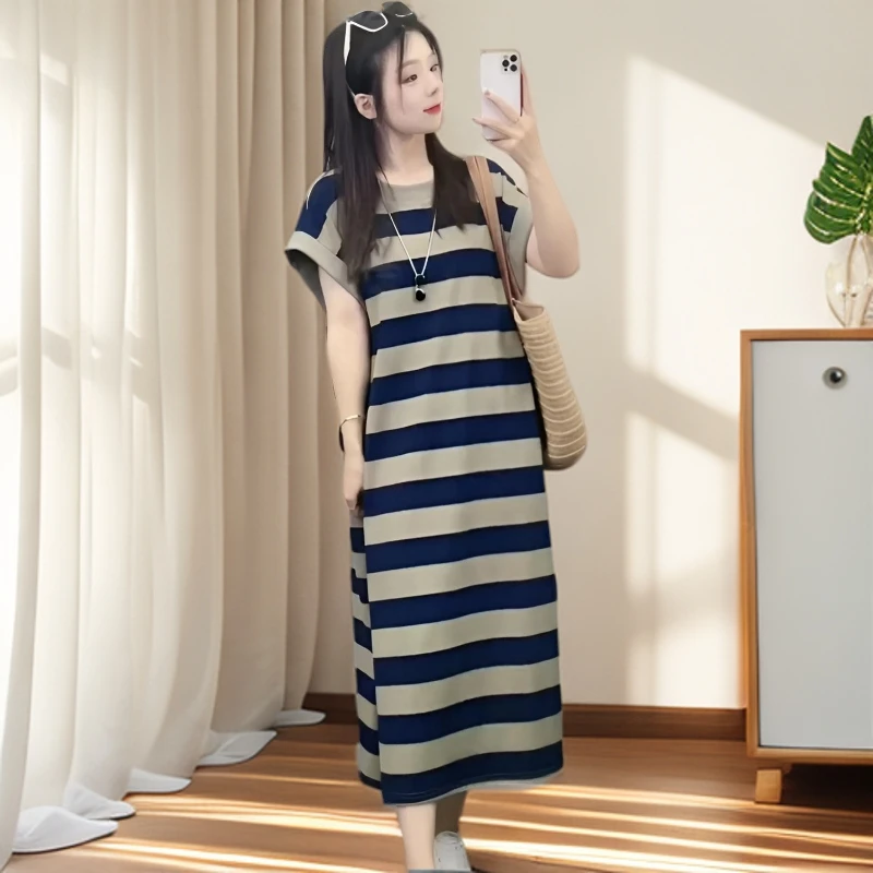 高级感夏季新款韩系落肩中长过膝洋气条纹撞色恤连衣裙女ins显瘦