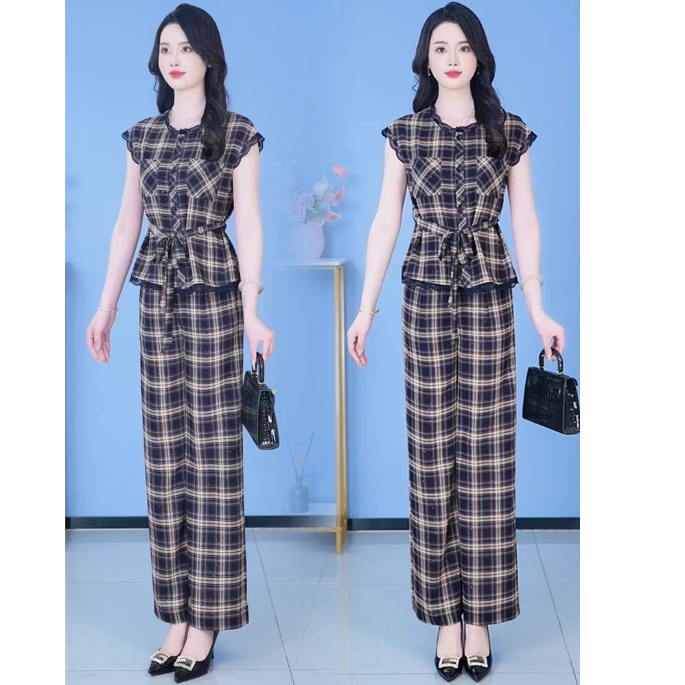 时尚洋气格子套装女2025夏季新款蕾丝拼接短袖上衣阔腿裤两件套潮