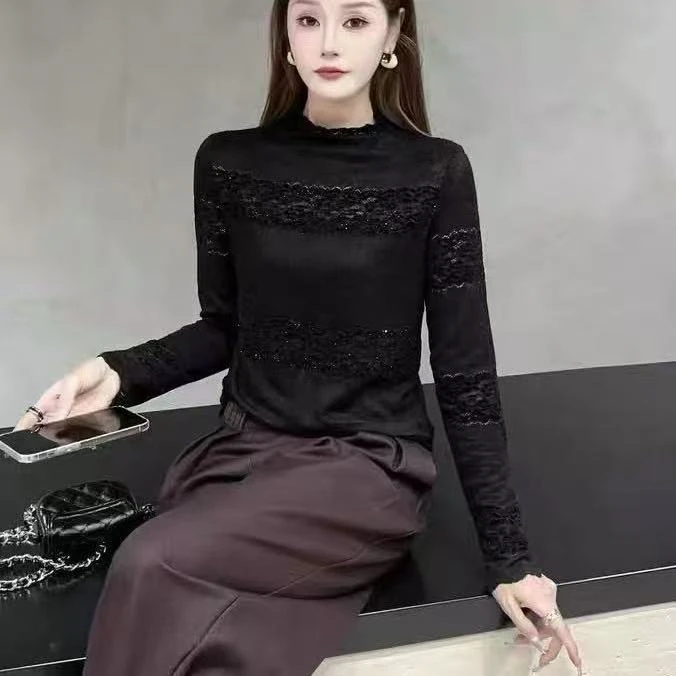 半高领烫钻镂空蕾丝衫女高端提花长袖打底衫秋冬新款内搭Z上衣911