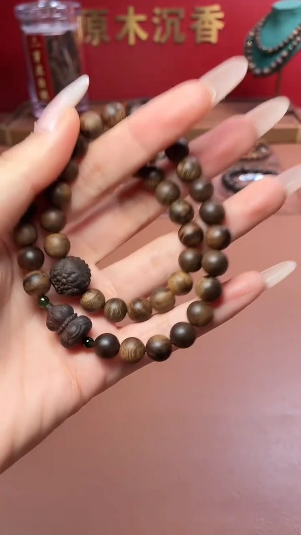 沉香手串沉水越南富森红土瘿子瘤疤08两圈设计款