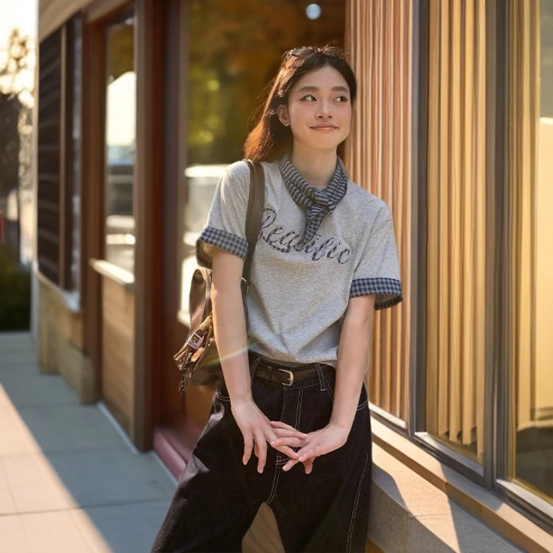 【WGWE】撞色拼接小众设计感美式复古宽松显瘦短袖T恤(配丝巾)