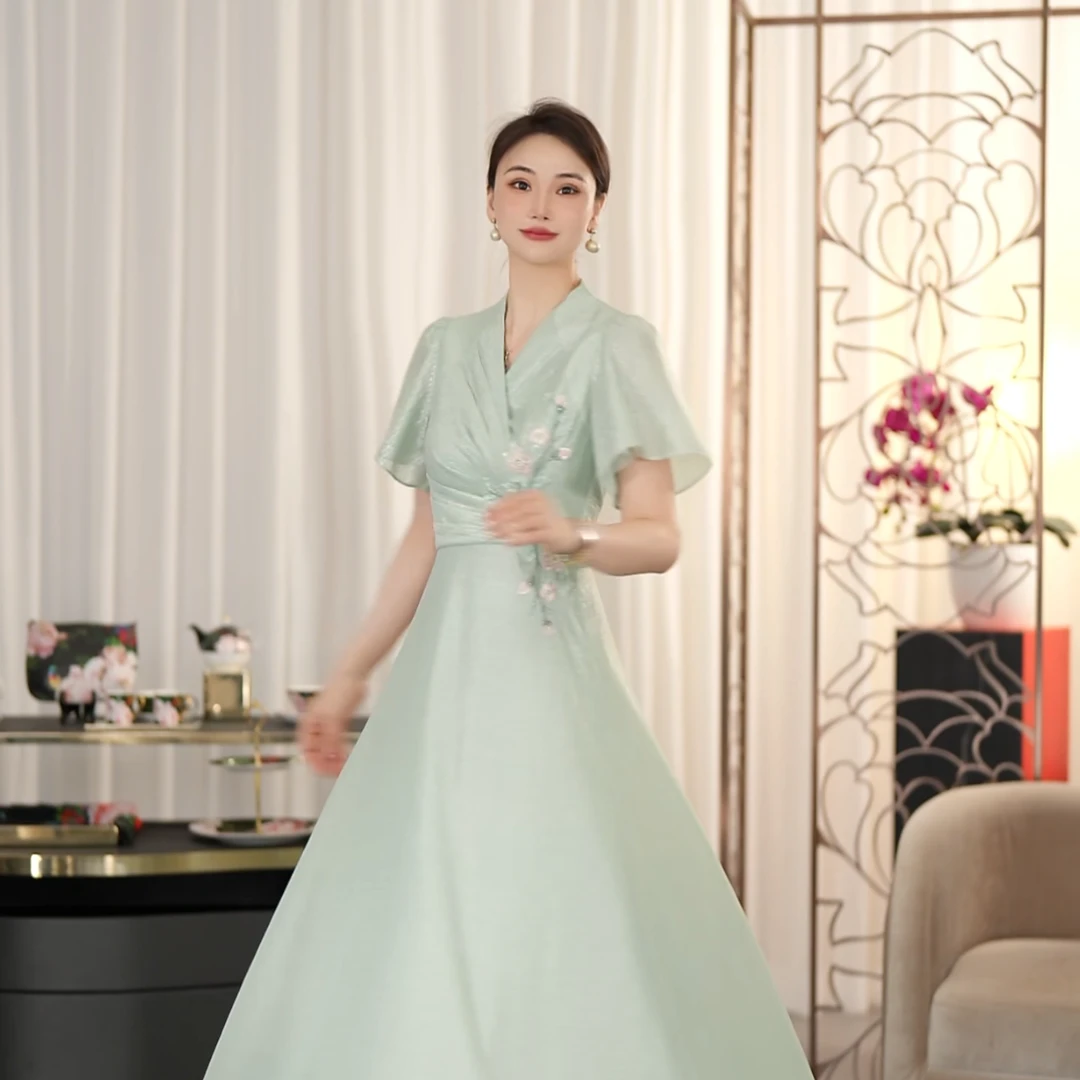 SUSSI/古色【仙姿玉貌】V领短袖收腰仙气法式宴会日常轻奢连衣裙