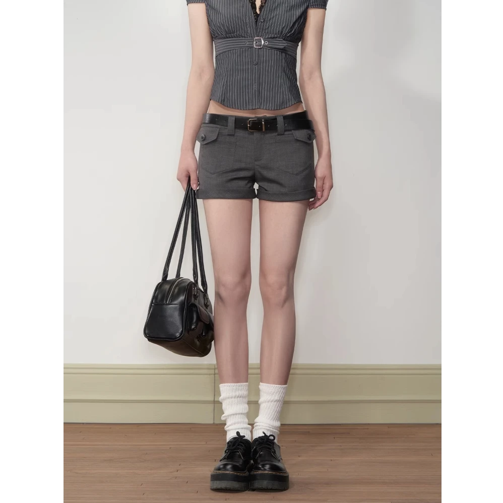Soote Season原创复古灰色贴袋低腰修身西装短裤