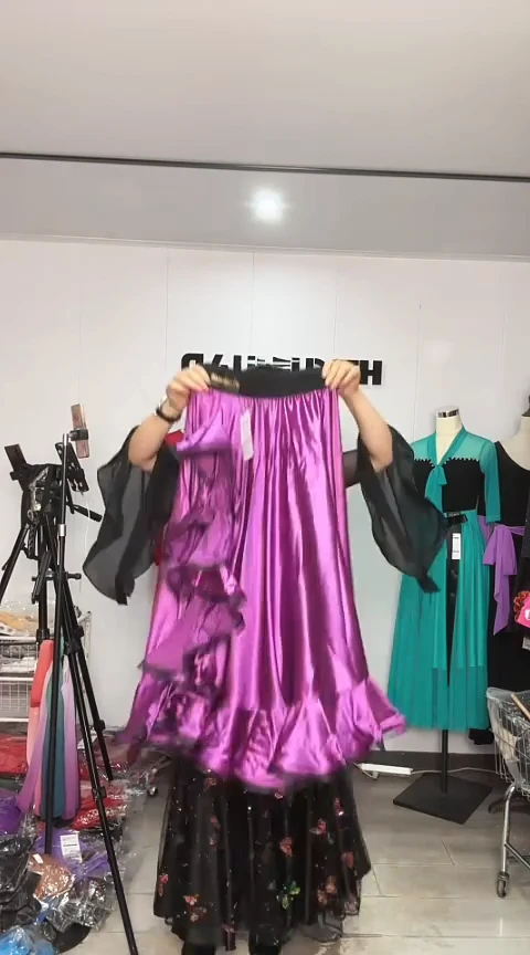 高开叉缎面鱼骨裙 紫色 L