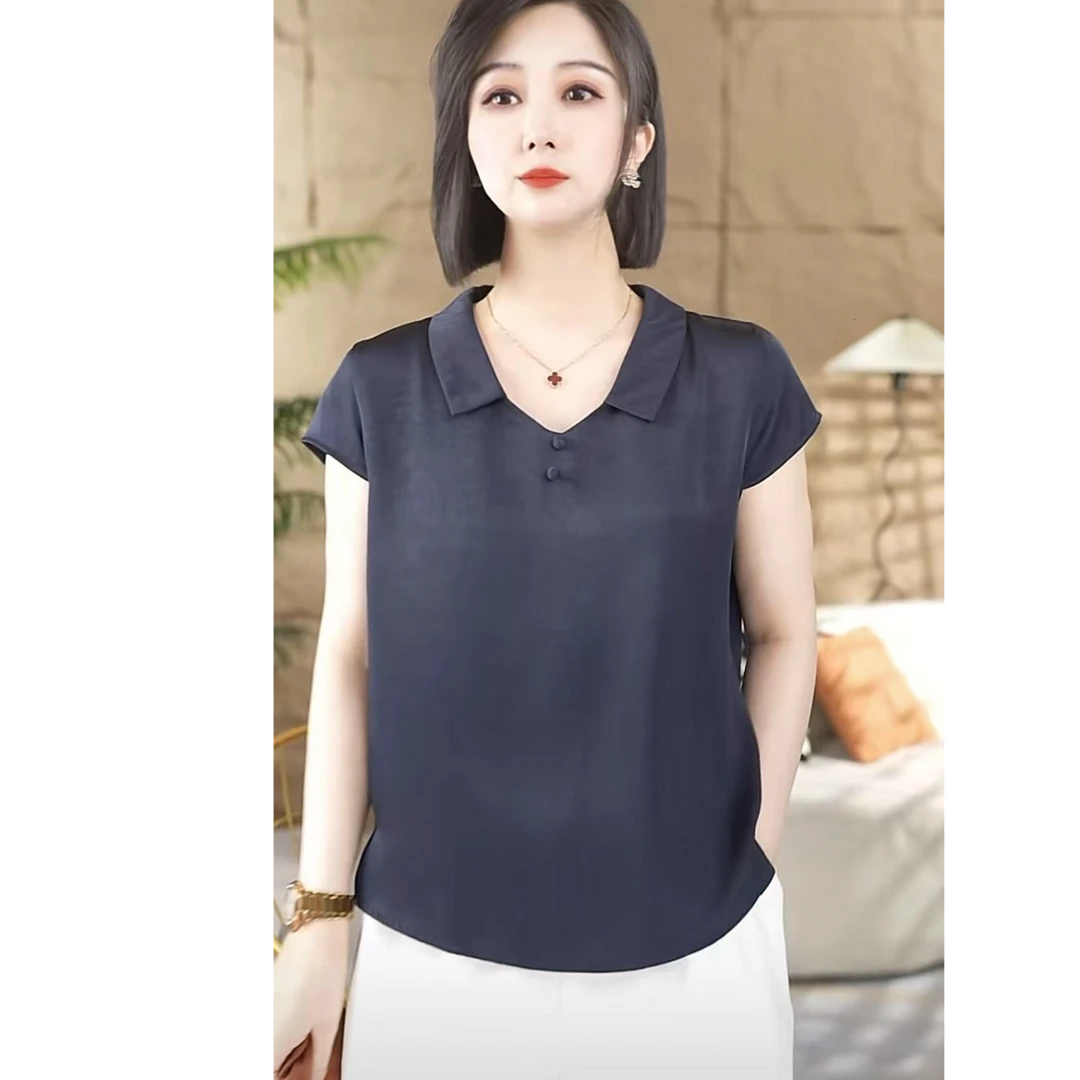 2025夏季新款V领纯色休闲百搭显瘦气质设计感薄款舒适短袖女上衣