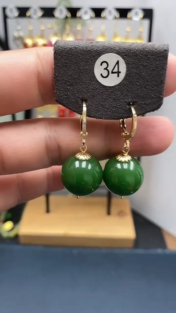 和田玉银S925镀金镶嵌耳饰尺寸16mm耳扣22