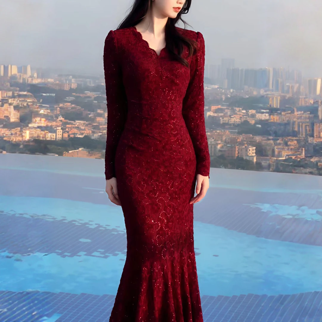[依易原创]气质名媛风高级感红色蕾丝亮片修身显瘦连衣裙W90502